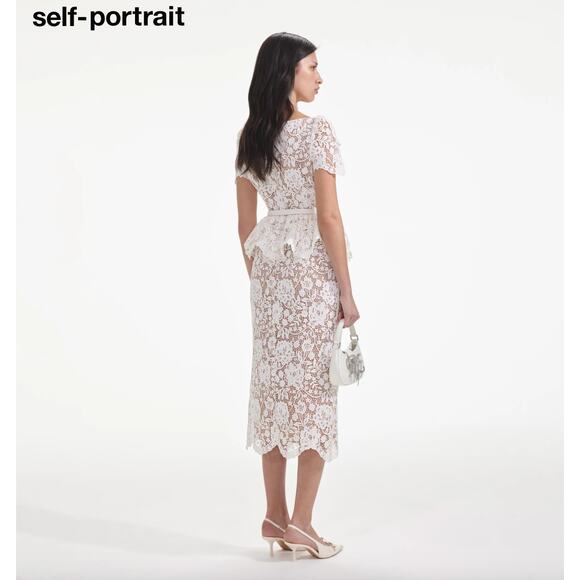 Self Portrait Cream Lace Peplum Midi Dress Wedding Bridal Cocktail US 2 NWT - Picture 3 of 16